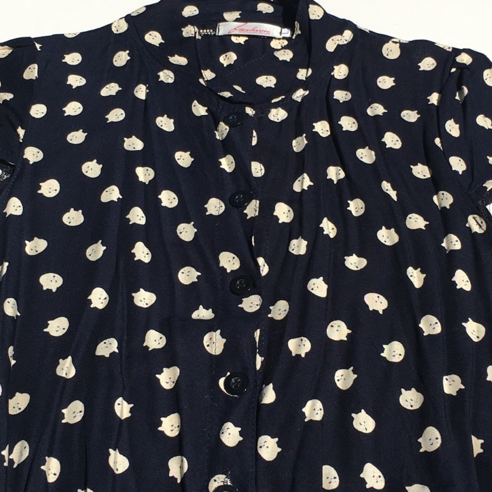 Kitten Face Polka Cat Shorts Romper Jumpsuit Size L (Fits like Small) Navy Blue - Picture 3 of 4